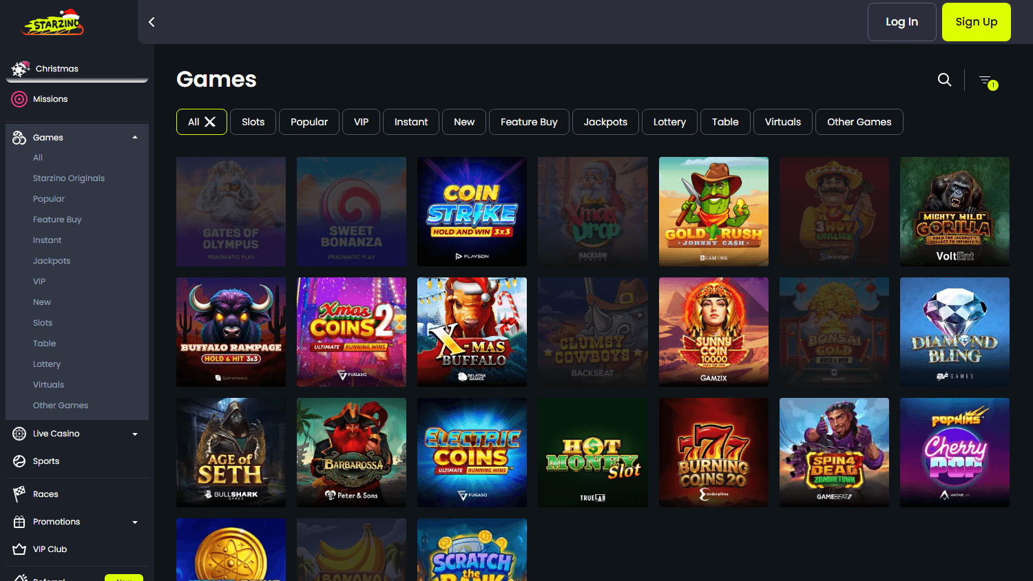 Starzino casino lobby schermafbeelding